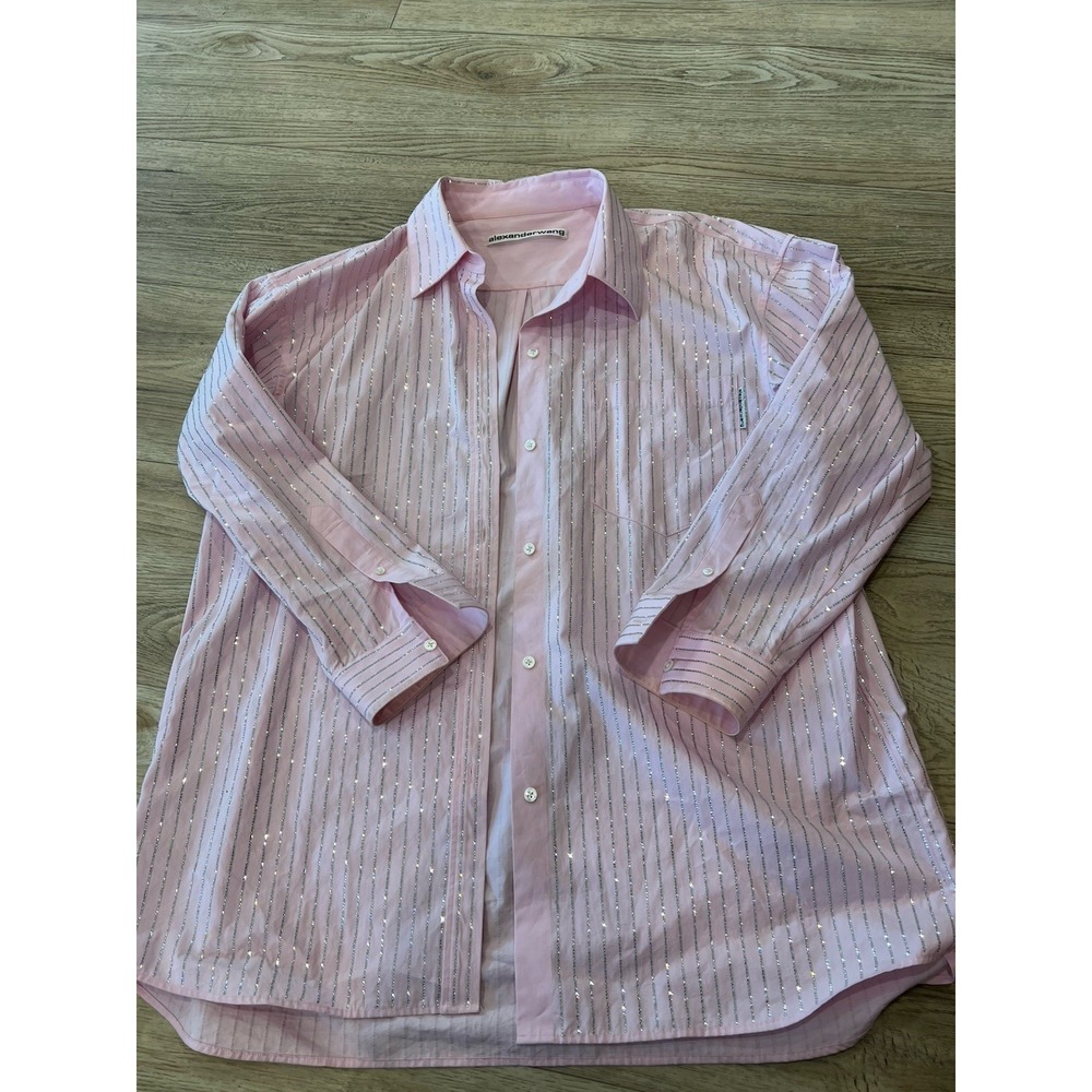Alexander Wang Pink Crystal Embellished Stripe Button Up Shirt Size L Cotton